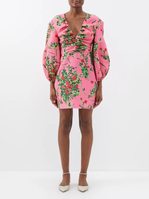 Balloon-sleeve Floral-print Taffeta Mini Dress - Womens - Pink Multi