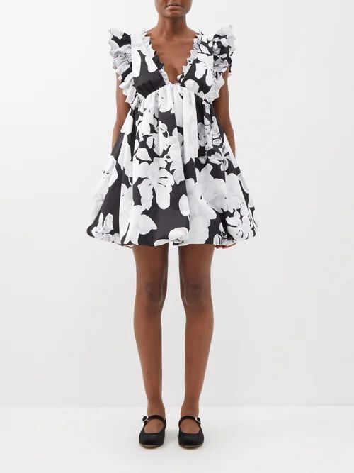 Caroline V-neck Floral-print Taffeta Mini Dress - Womens - Black White