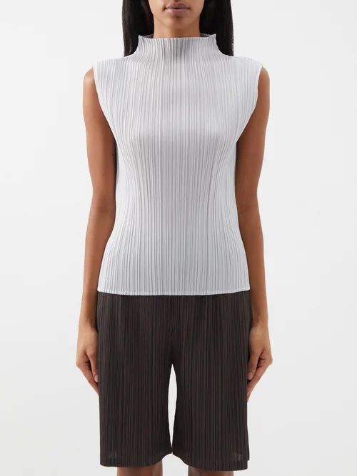 High-neck Technical-pleated Jersey Top - Womens - Light Grey