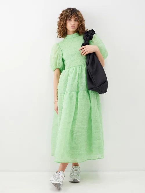 Kelly Puff-sleeve Silk-blend Matelassé Dress - Womens - Green