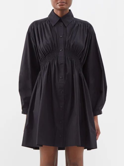 Posey Shirred Cotton-poplin Mini Shirt Dress - Womens - Black
