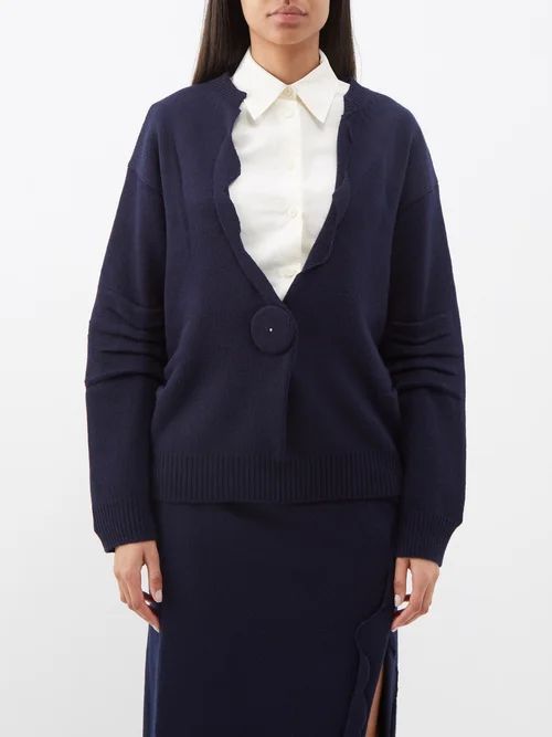 Ruffled Collar Cashmere-blend Cardigan - Womens - Navy