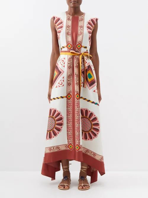 San Carlo Geometric-print Silk-twill Maxi Dress - Womens - Red Ivory