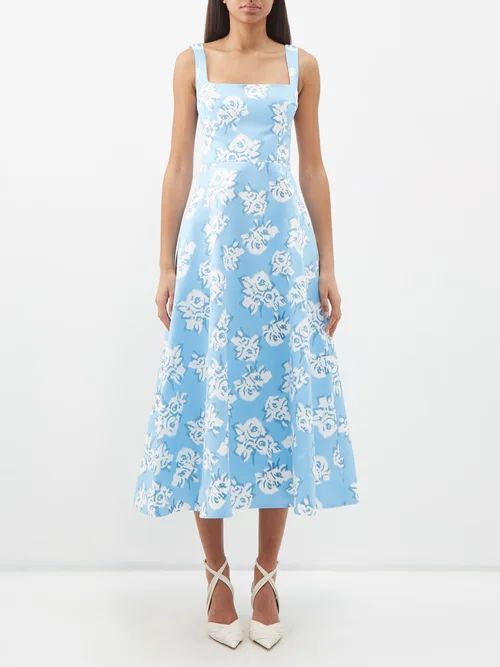 Shilow Floral-print Taffeta-faille Midi Dress - Womens - Blue Print