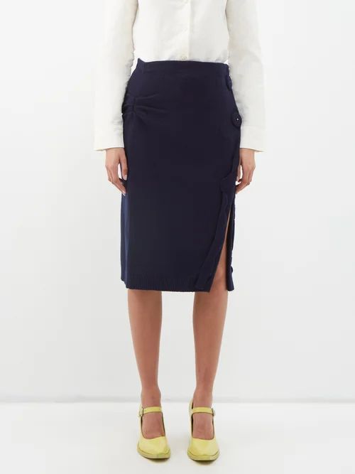 Side-slit Cashmere-blend Midi Skirt - Womens - Navy