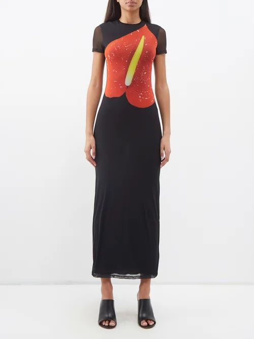 Anthurium-print Mesh Maxi Dress - Womens - Black Red