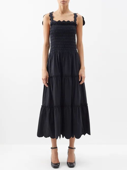 Isa Tie-shoulder Smocked-cotton Midi Dress - Womens - Black
