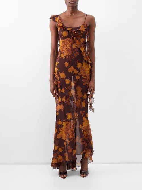 Rose-print Ruffled Silk-georgette Gown - Womens - Brown
