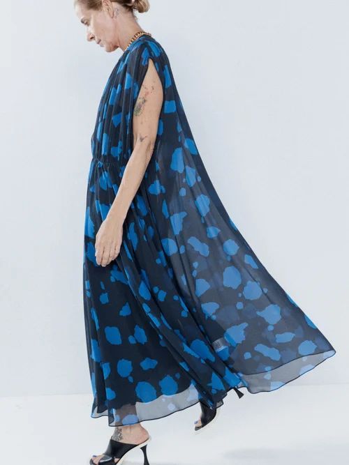 Modern Cow-print Gathered-shoulder Silk Dress - Womens - Navy Print
