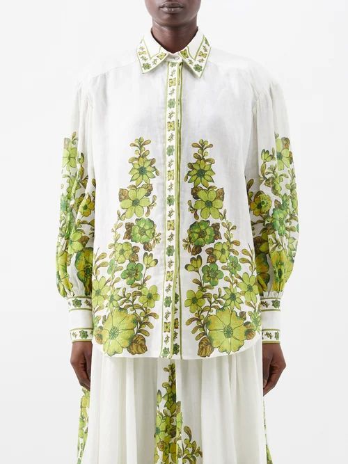 Wallis Floral-print Linen Blouse - Womens - White Green