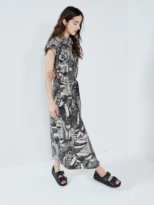 Woodcut-print Organic-cotton Shirt Dress - Womens - Black Print