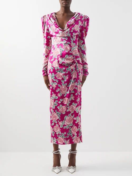 Draped Floral-print Silk-satin Midi Dress - Womens - Fuchsia