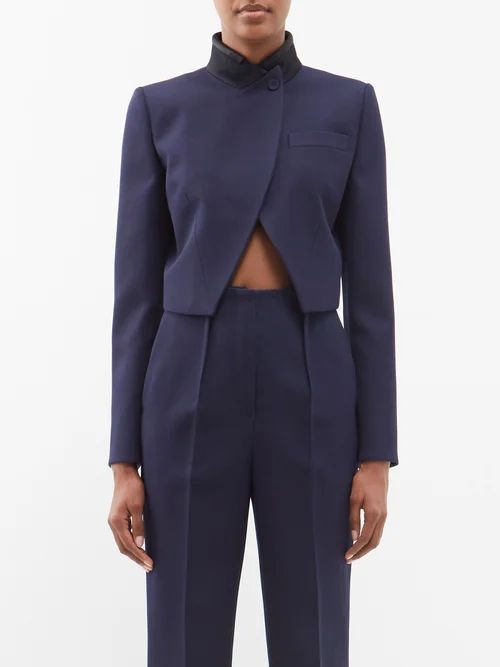 Cropped Wool Grain De-poudre Suit Jacket - Womens - Dark Blue