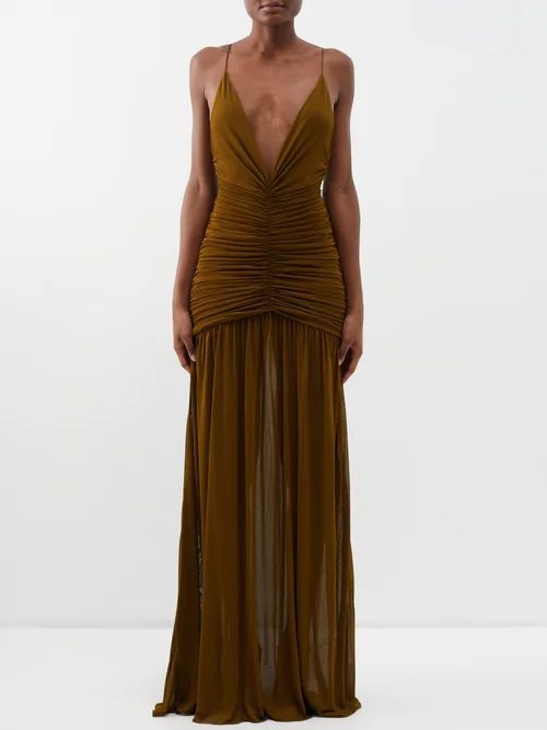 Plunging Ruched Voile Gown - Womens - Khaki
