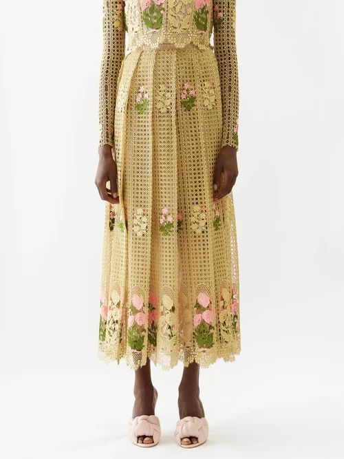 Floral-embroidered Macramé Midi Skirt - Womens - Gold Multi
