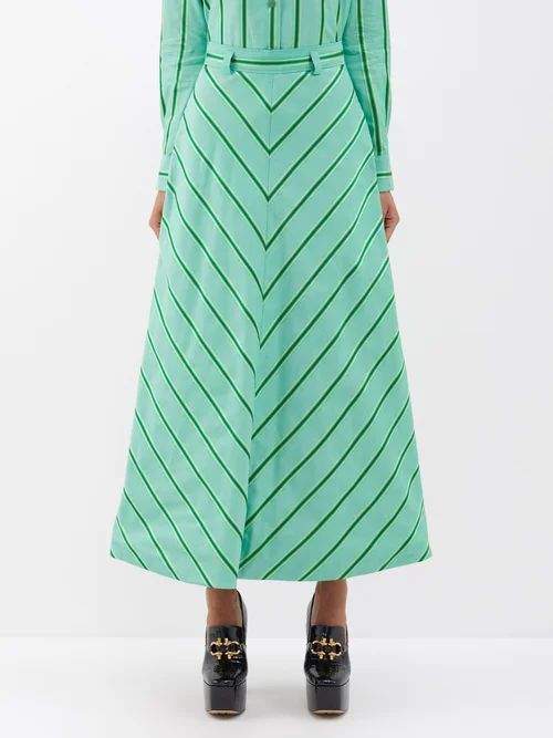 Ombré-chevron Stripe Cotton-blend Midi Skirt - Womens - Green