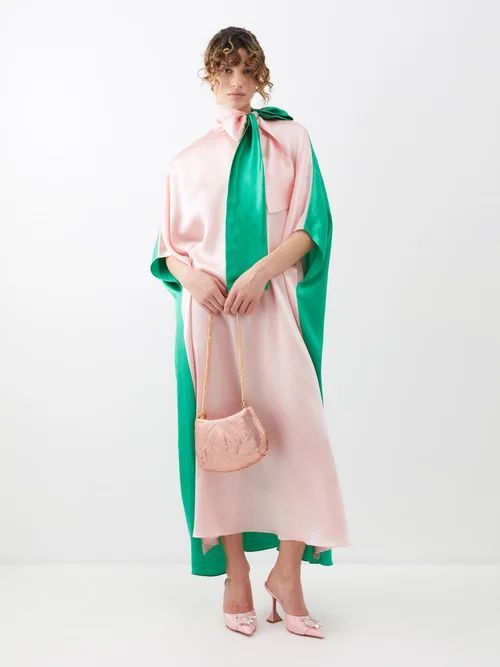Bi-colour Tie-neck Silk-satin Maxi Kaftan - Womens - Pink Green