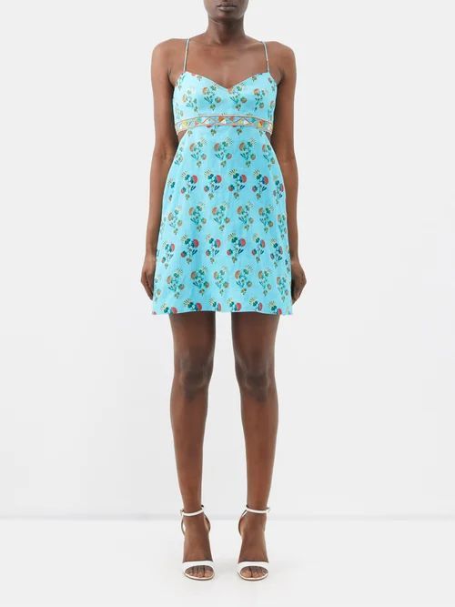 Bonnie Seashell-print Cutout Linen Mini Dress - Womens - Blue Multi