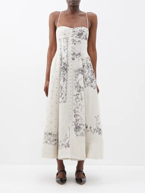 Catalina Floral-print Linen Midi Dress - Womens - Cream Multi
