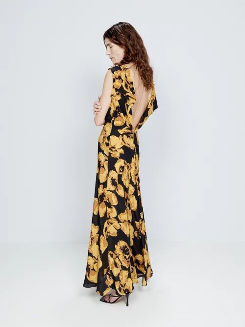 Gold Iris-print Open Back Silk Dress - Womens - Black Print
