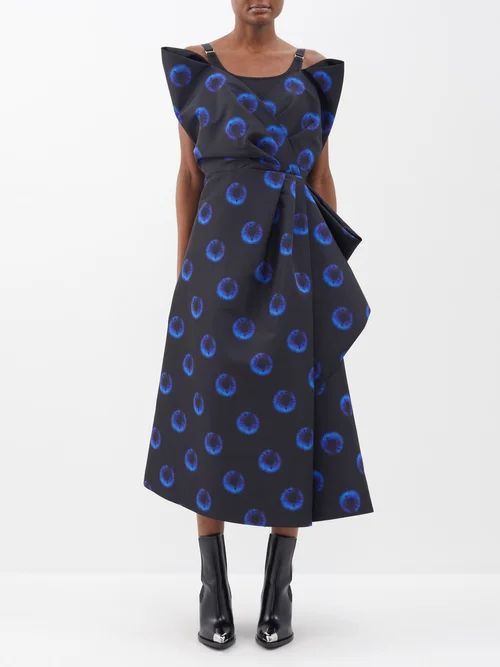 Iris-print Structured Faille Dress - Womens - Blue Black