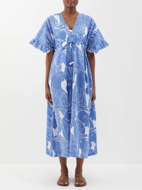 Jujube Perroquet-print Cotton Midi Dress - Womens - Blue White