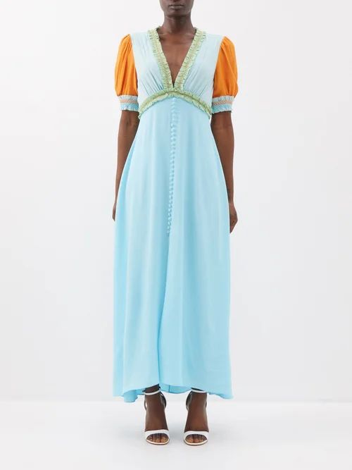 Lea Colour-block Crepe Midi Dress - Womens - Blue Orange