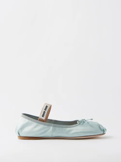 Logo-strap Satin Ballet Flats - Womens - Light Blue