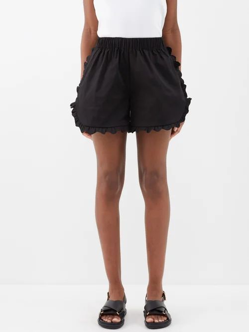 Lola Scalloped-edge Cotton-blend Shorts - Womens - Black