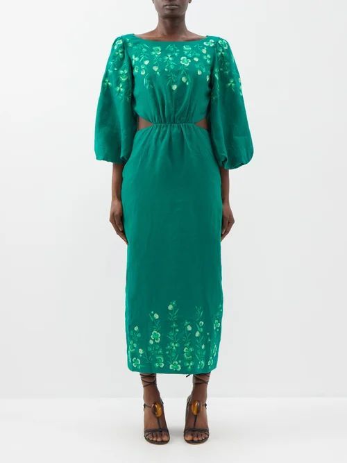 Neelam Floral-embroidered Cutout Linen Dress - Womens - Dark Green