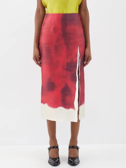 Paint-print Thigh-slit Satin Skirt - Womens - Fuchsia