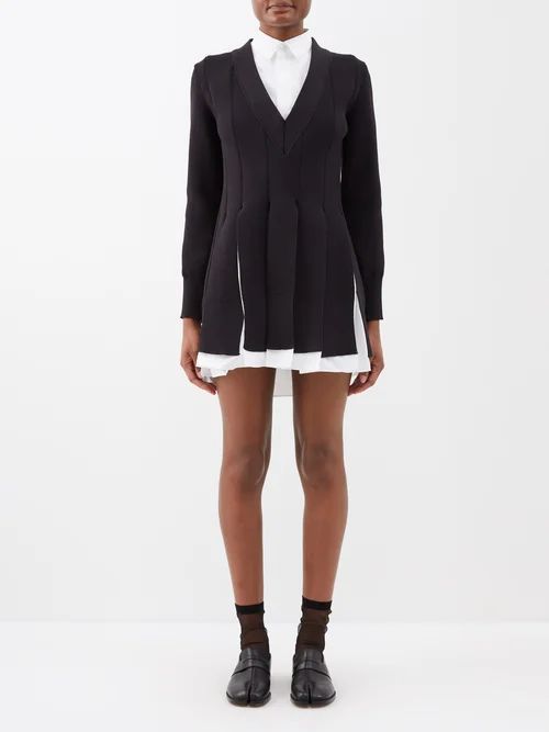 Pleated Ribbed-knit Mini Shirt Dress - Womens - Black