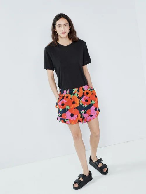 Strong Flower-print Elasticated-waist Silk Shorts - Womens - Red Print