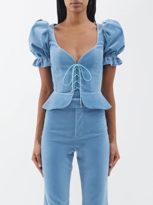 The Anne Of Cleves Cotton-velvet Corset Top - Womens - Light Blue