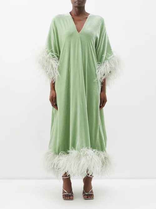 The Ghosteen Feather-trim Velvet Kaftan Gown - Womens - Light Green