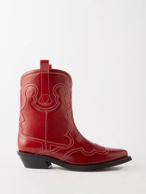 Topstitched Leather Cowboy Boots - Womens - Red Multi