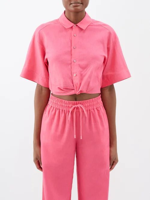 Twist-front Linen-blend Cropped Shirt - Womens - Bright Pink