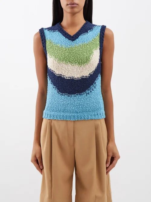 Wave Striped Knitted Cotton Sleeveless Sweater - Womens - Blue Green White