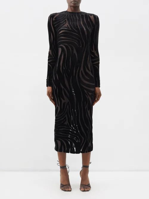 Zebra-devoré Midi Dress - Womens - Black