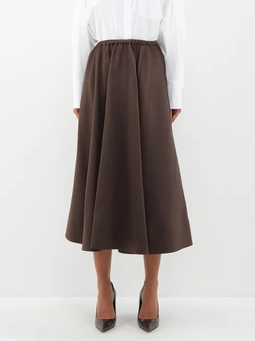 High-waist Duchesse-satin A-line Midi Skirt - Womens - Brown