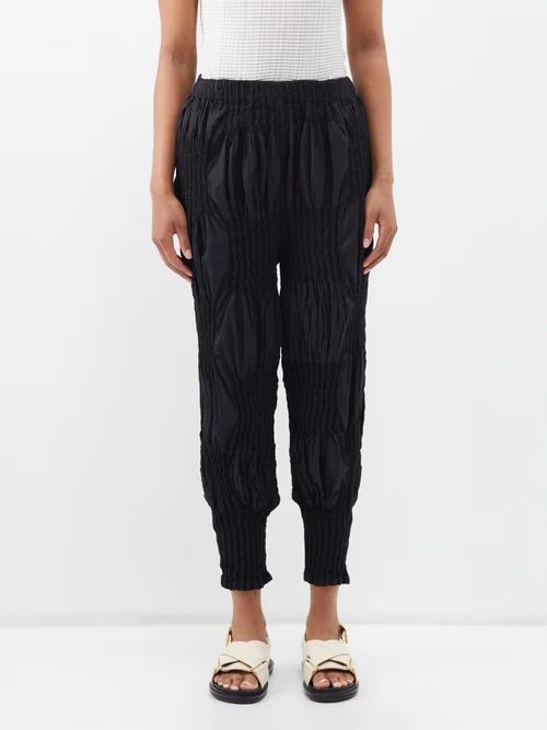 Gathered Cotton-blend Trousers - Womens - Black