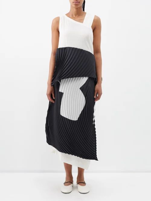 Layered Asymmetric Technical-pleat Cotton Dress - Womens - White Black