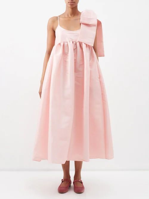 Lily Bow-shoulder Taffeta Midi Dress - Womens - Light Pink