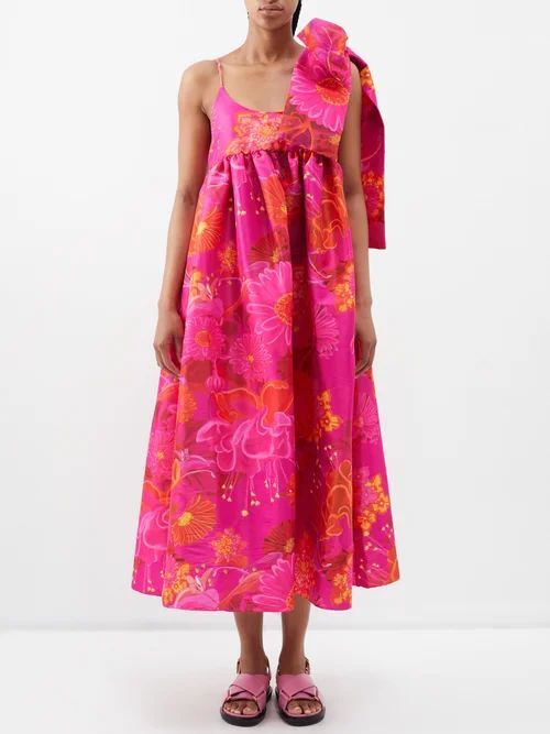Lily Bow Gerbera-print Taffeta Dress - Womens - Pink Orange