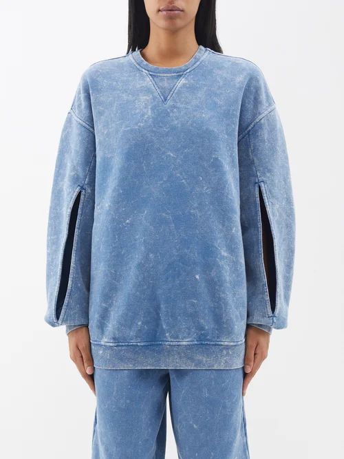 Slit-sleeve Acid-wash Cotton-jersey Sweatshirt - Womens - Light Blue