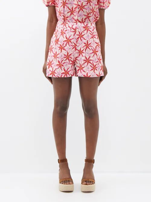 Starfish-print Tailored Linen Shorts - Womens - Red Pink