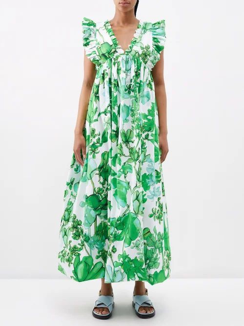 Tatiana Ruffled Azalea-print Poplin Maxi Dress - Womens - White Green