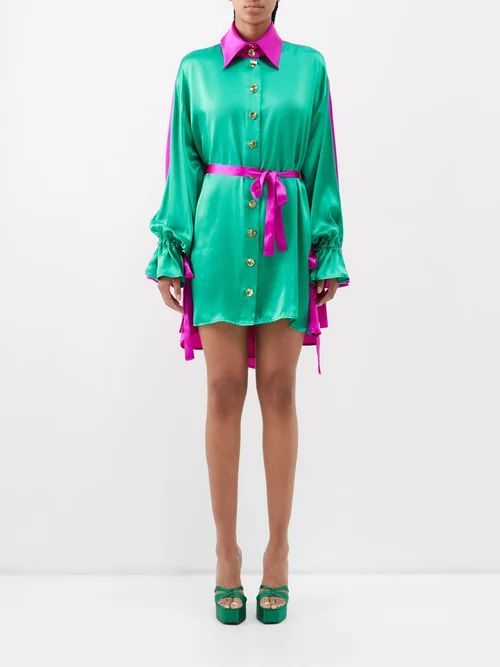 Two-tone Silk-satin Mini Dress - Womens - Green Pink