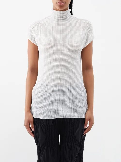 Wooly Pleats High-neck Top - Womens - White