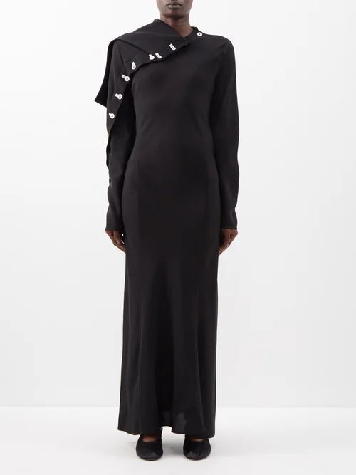 Buttoned Asymmetric Canvas Maxi Dress - Womens - Black